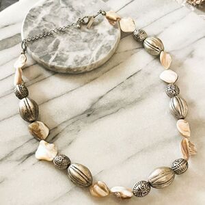 Lane Bryant Shell Beaded Necklace - Chunky Silver Toned Metal‎ Beads